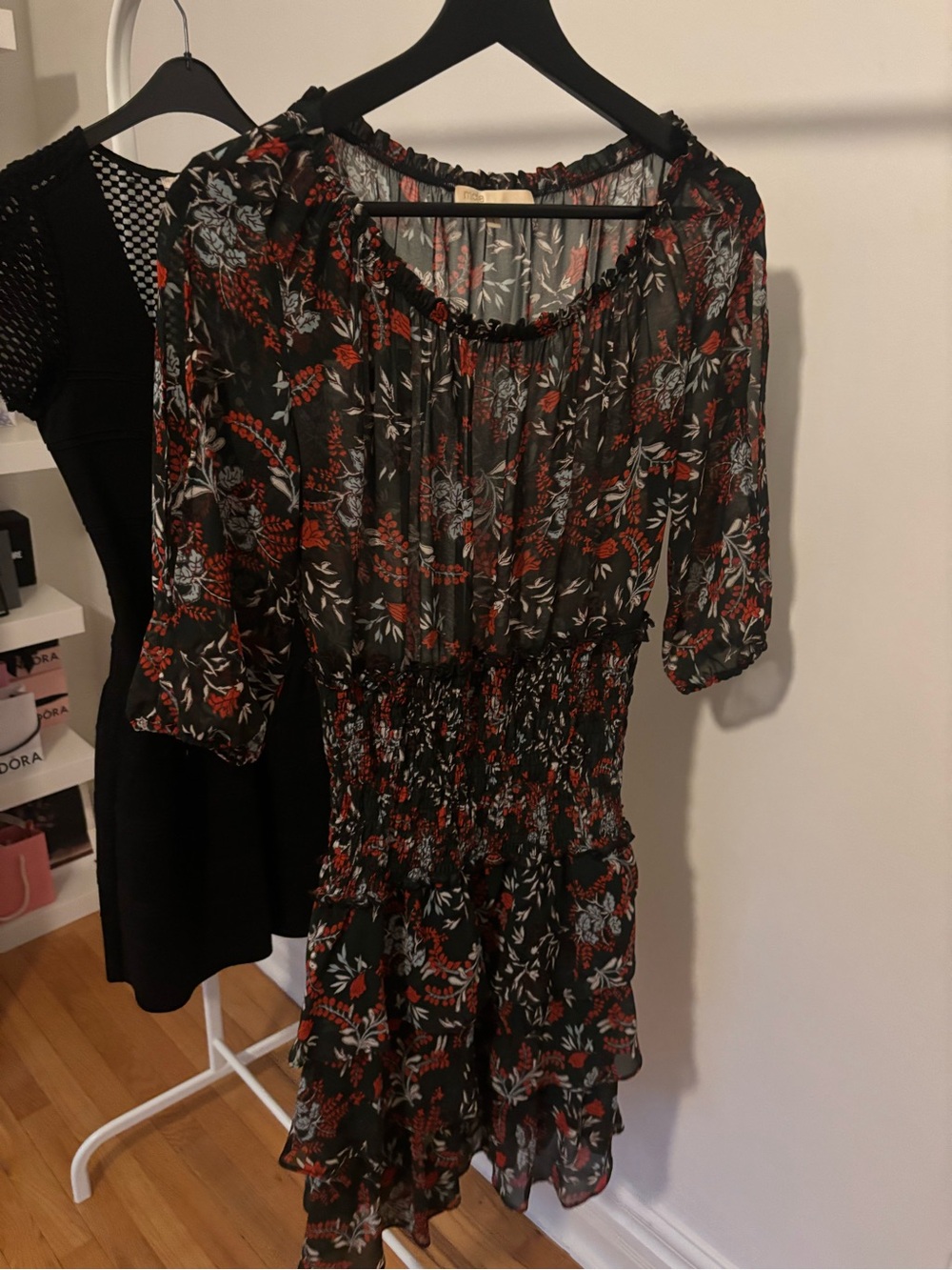 Maje Black Floral Mini Dress with Red and Sage Print